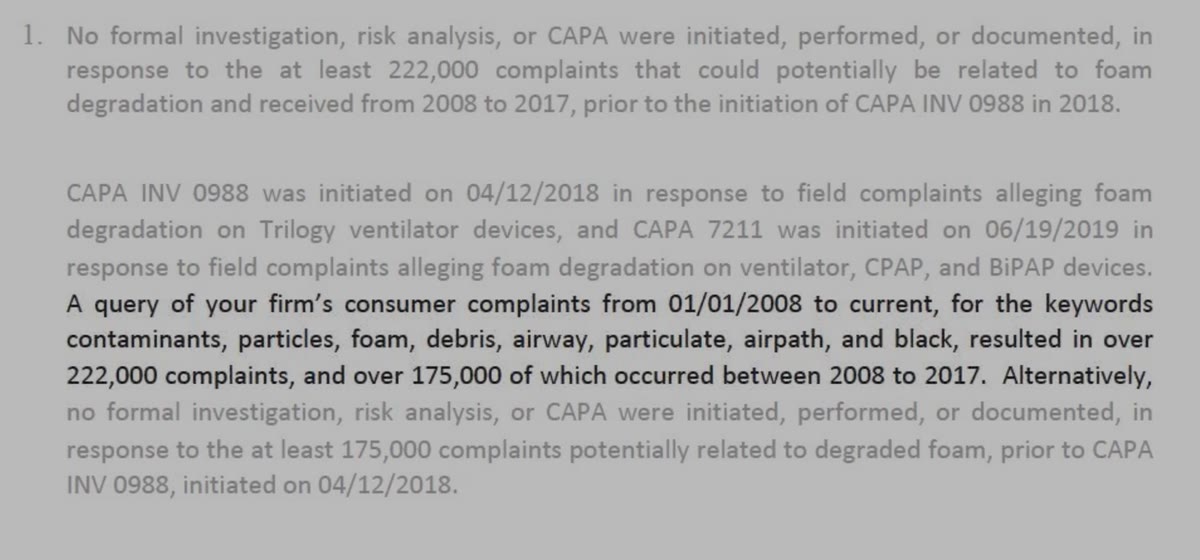 An FDA inspection document recording that no formal investigation, risk analysis or CAPA was opened in response to at least 175,000 complaints potentially related to degraded foam.