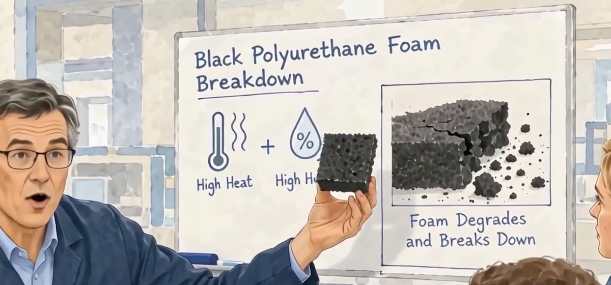 A whiteboard headed Black Polyurethane Foam Breakdown, showing high heat plus high humidity causing the foam to degrade.