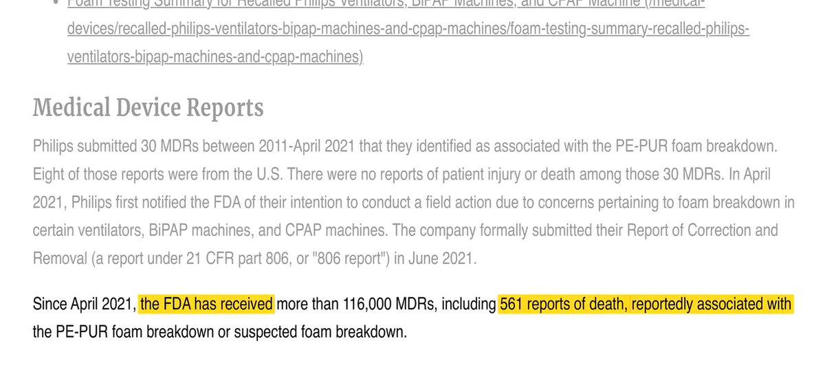An FDA page on medical device reports, with the line about 561 reports of death highlighted.