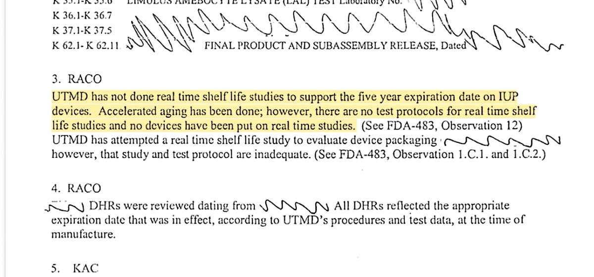 An FDA inspection document with the finding about a five-year expiration date lacking real time shelf life studies highlighted.