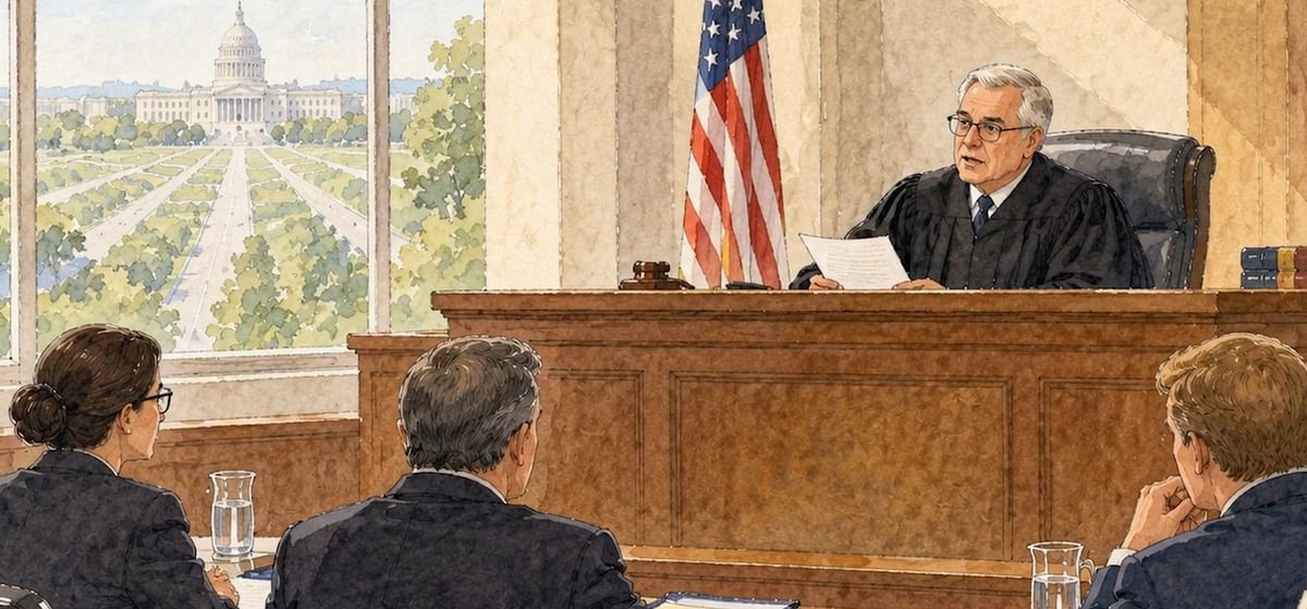 Courtroom illustration: a judge reads from a document at the bench, a US flag beside him, counsel seated at the tables below.